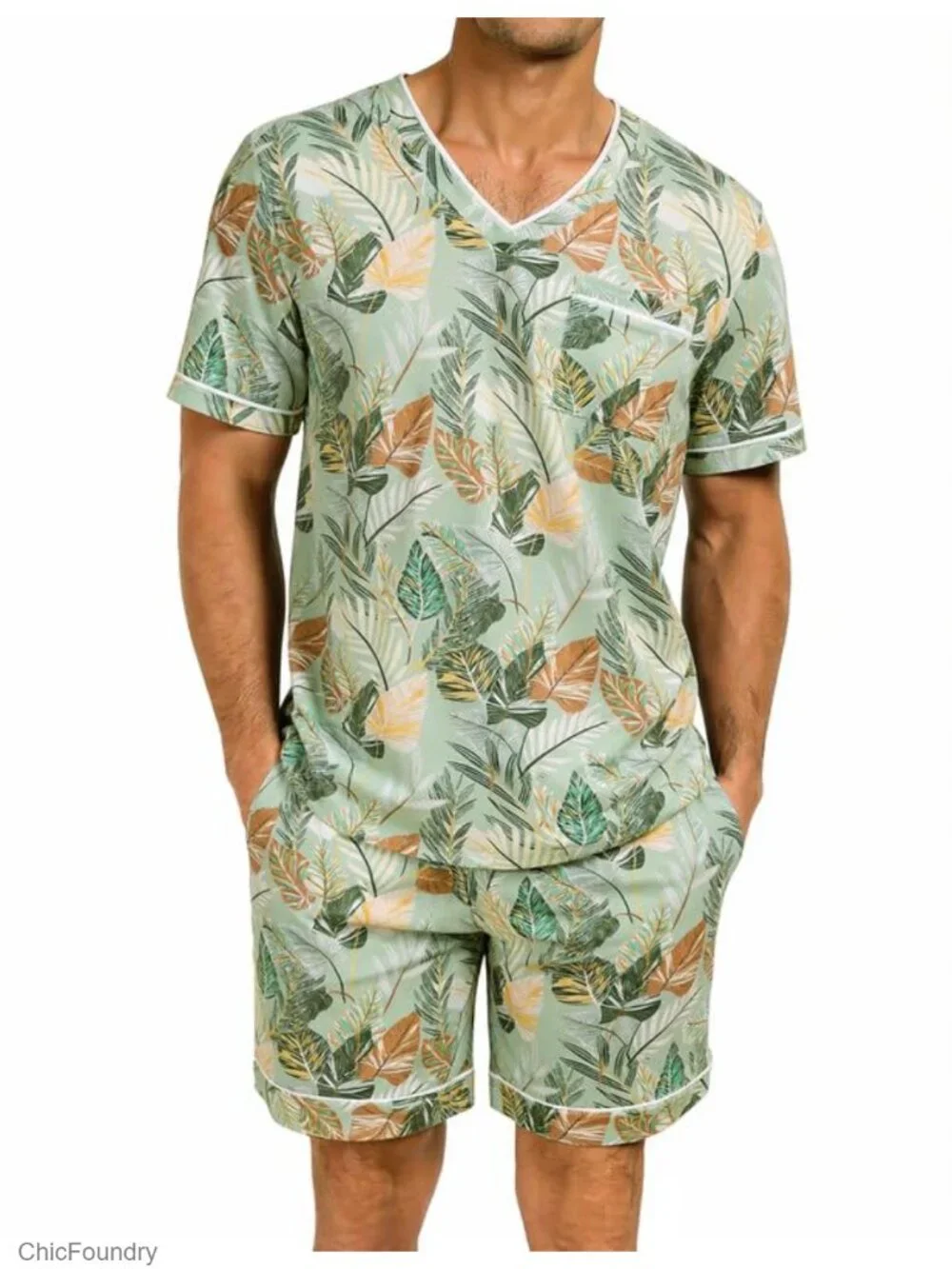 Men's Short Sleeve Pajama Set with Pockets V-Neck Sleepwear Lightweight S-2XL